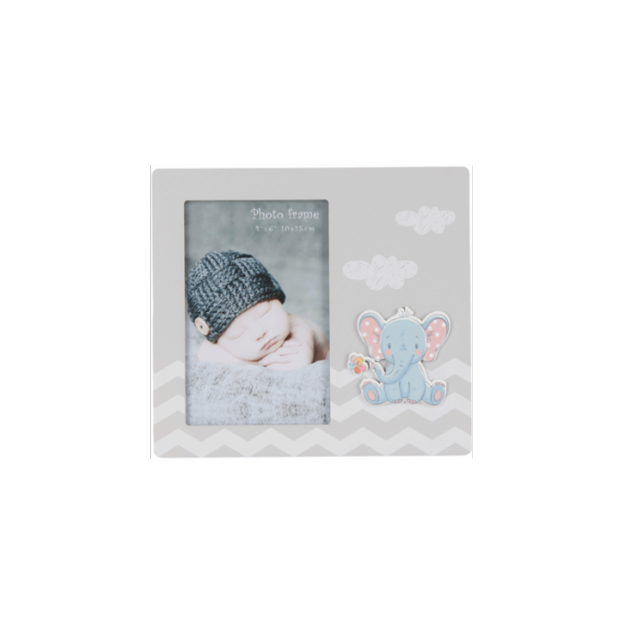 portafotos madera color gris con nubes y elefante para bebé